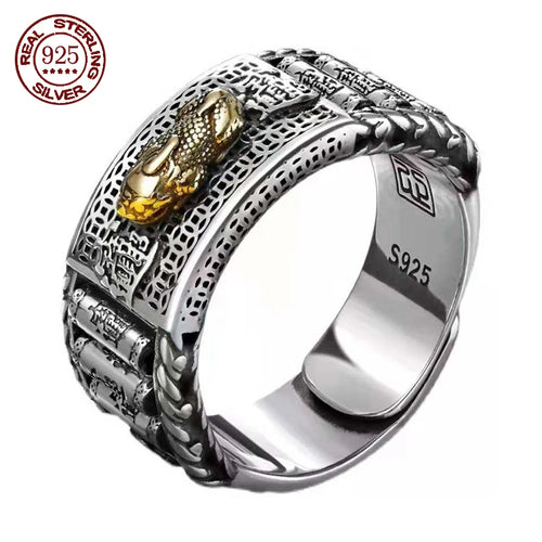 S925 Sterling Silver Retro Lucky Pixiu Rings Silver Open Adjustable Ring Traditional Culture Pixiu Ring for Both Men Women